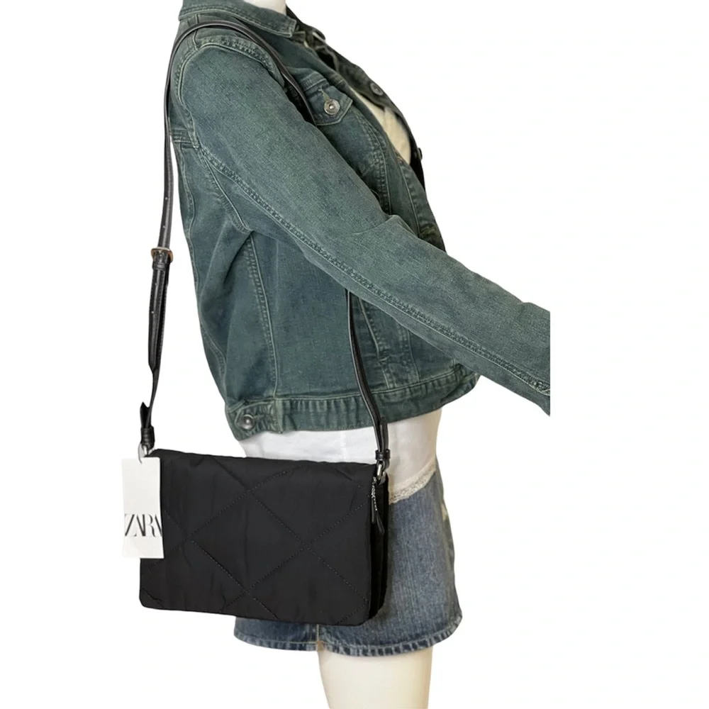 Zara Womens Crossbody Bag Black Quilt Shoulder Bag Purse Adjustable Strap New - Picture 2 of 13